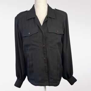 Vintage Black Button-Up Blouse Pleated Pockets 70s Poly Size Small